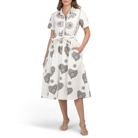 LEA Black/white Short Sleeve Medallion Printed Midi Dress